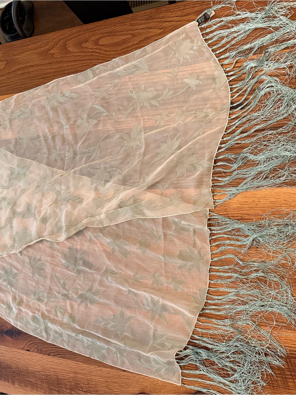 Vintage Silk Calvin Klein Pale Mint Floral Fringe Scarf Wrap